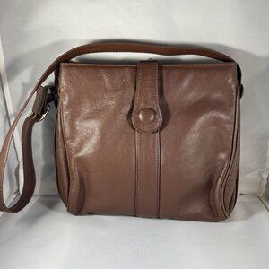 Vintage Brown Genuine Leather Shoulder Bag With Button Closure & Adjustable Stra